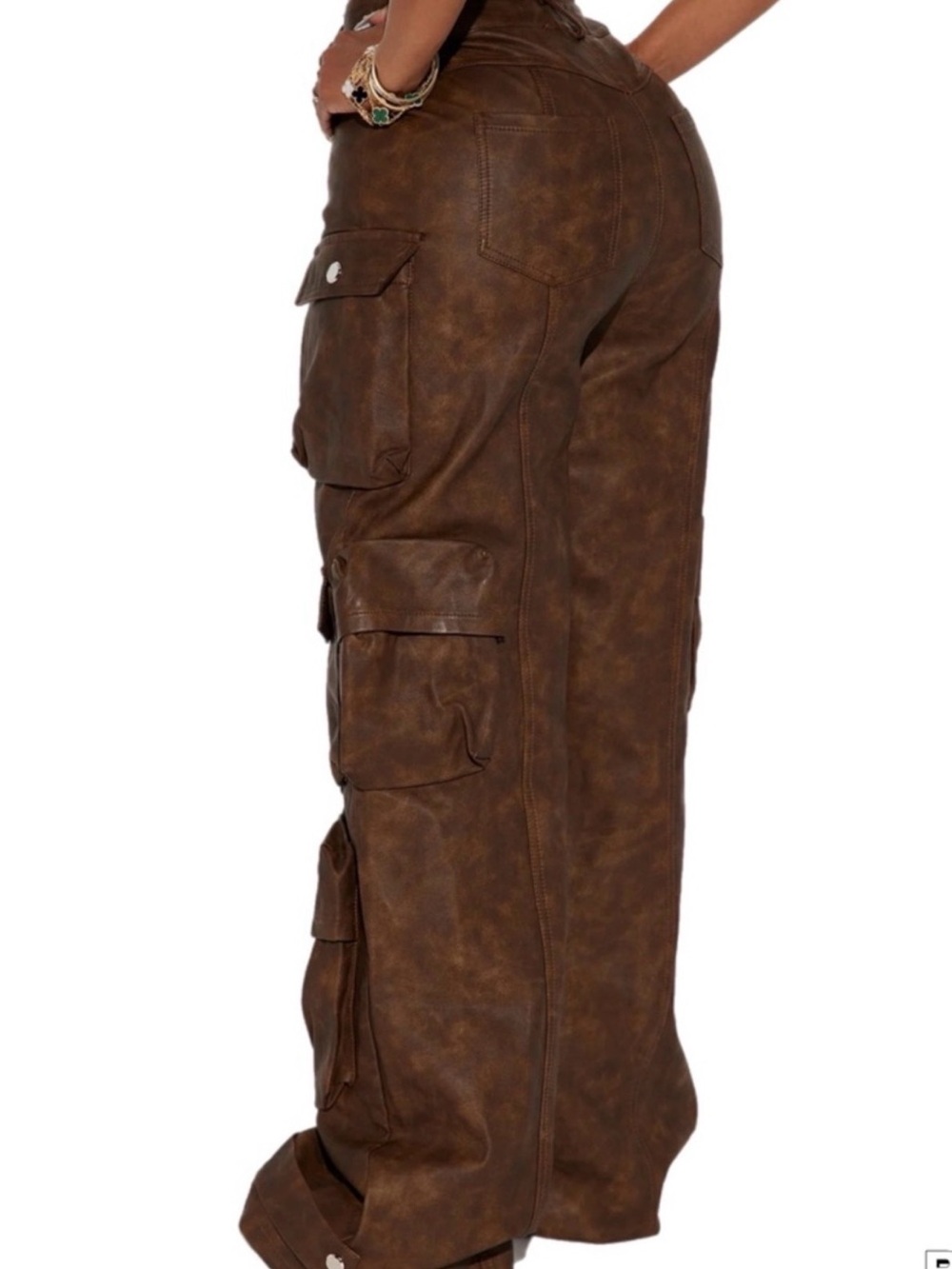 New Sz XL Weekend Warrior Wide Leg Washed Pu Leather Cargo Pant - Brown - Picture 2 of 10